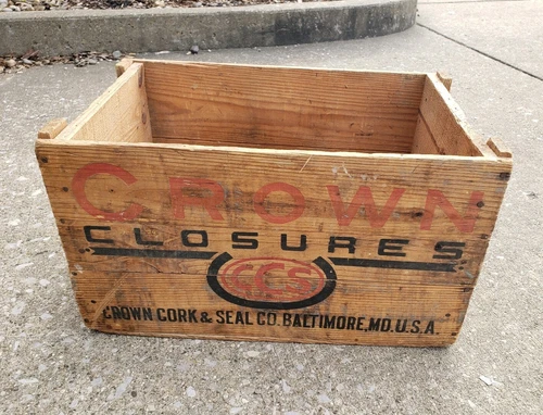 Vintage Wood Crate Crown Closures Soda Bottle Cork Caps Coca Cola Pepsi Orange
