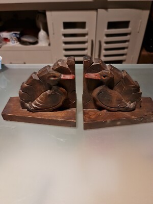 Paar Ente Buchstützen Vintage schwer Massivholz handgeschnitzt Höhe: 6 cm  