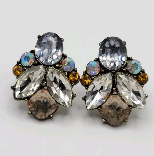 VTG Rhinestone Stud Earrings Cluster Clear Aurora Borealis AB Crystal Statement - Picture 2 of 18