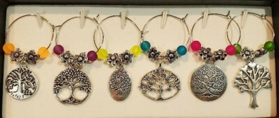 SET OF 6 TREES/TREE OF LIFE WINE GLASS CHARMS PENDANTS MARKERS