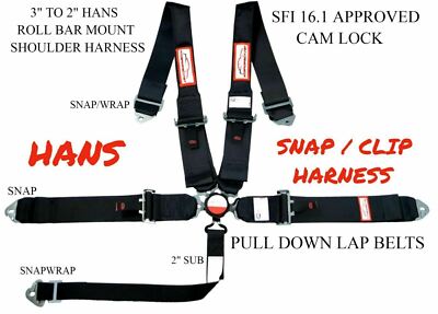RACERDIRECT CLIP IN HANS HARNES CAMLOCK RACE BELT SFI 16.1 5PT ROLLBAR MOUNT BLK