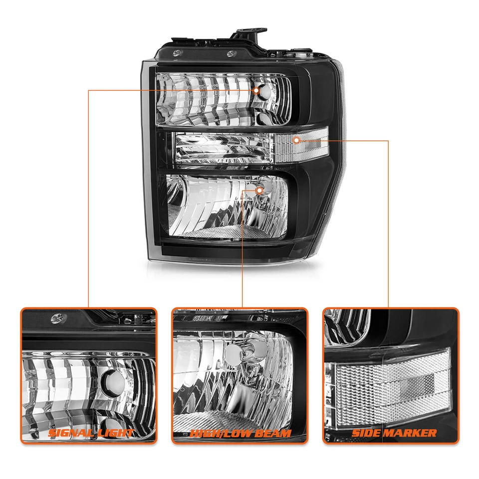 For 2008-2014 Ford E150 E250 E350 E450 Superduty Halogen Black Headlight Pair - Изображение 4 из 4