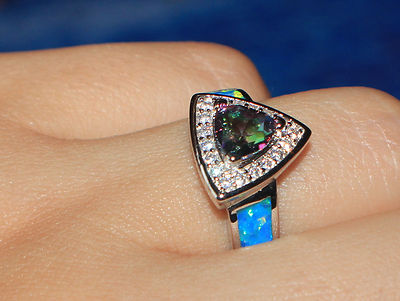 blue fire opal Cz topaz ring gemstone silver jewelry engagement  wedding H