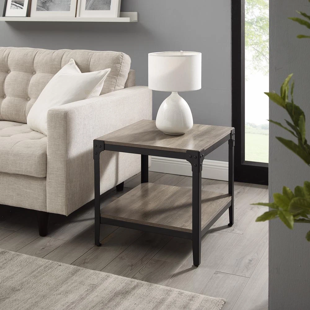 Angle Iron Rustic Wood End Table Set of 2 Grey Wash eBay