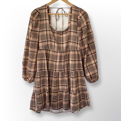 Topshop Gingham Brown Short Puff Sleeve Dress US8 | eBay