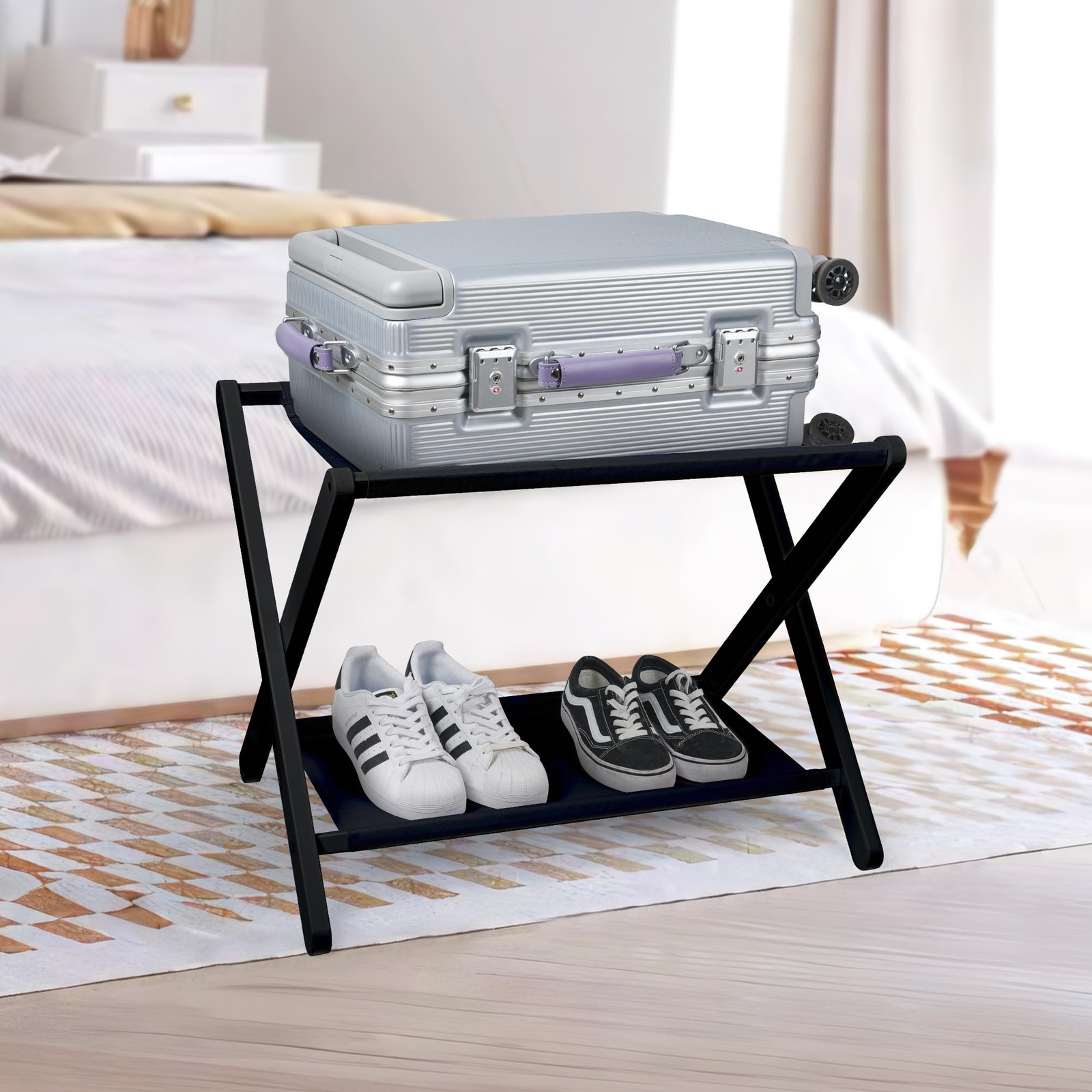 Luggage Rack Folding Suitcase Stand With Storage Shelfbamboo Luggage Stand For G-image