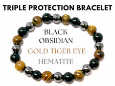 Triple Protection Bracelet: 8 mm Beads Tiger Eye, Black Obsidian,  Hematite 