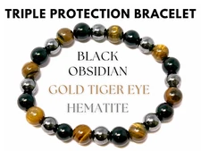 Triple Protection Bracelet: 8 mm Beads (Tiger Eye, Black Obsidian, & Hematite)