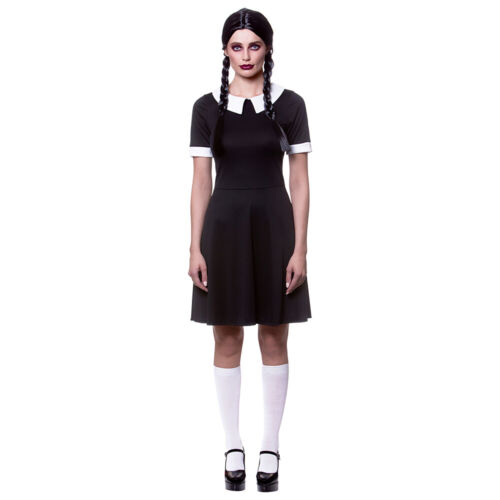 Creepy School Girl Wednesday Addams Ladies Halloween Fancy Dress Costume - 第 1/3 張圖片