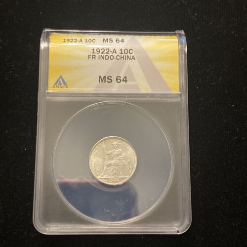 1922 a french indo-china  10 cents anacs Ms64 uncirculated foreign silver coin - Picture 1 of 12