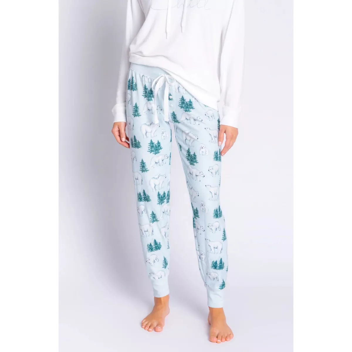 PJ SALVAGE Womens Ice Blue Polar Bear Waffle Stretch Jogger Lounge Pants  Small