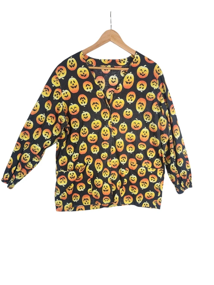 Blusa esfoliante de Halloween abóbora Jack-o-lantern manga comprida com botão para cima sem marca - Imagem 2 de 4