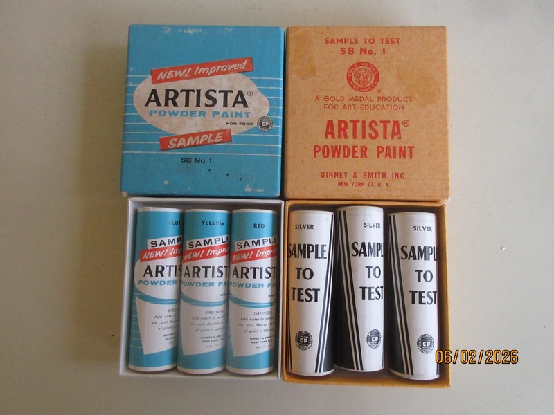Two Vintage Boxes Artista Sample Size Powder Paint 3 Tubes Blue & 3 Tubes Silver
