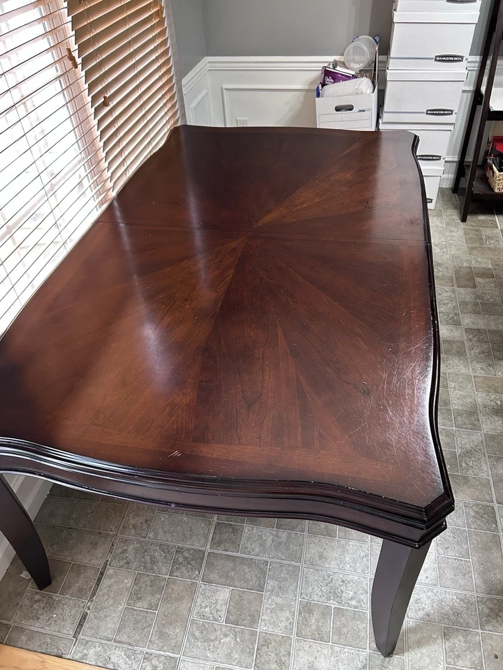 Dark Wood Dining Table w/ 6 Upholstered Chairs – Extendable to 94” - Image 3 of 4