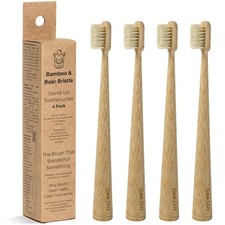Bamboo Boar Bristle Toothbrushes 4 Pack Natural Boar Bristles Plastic...