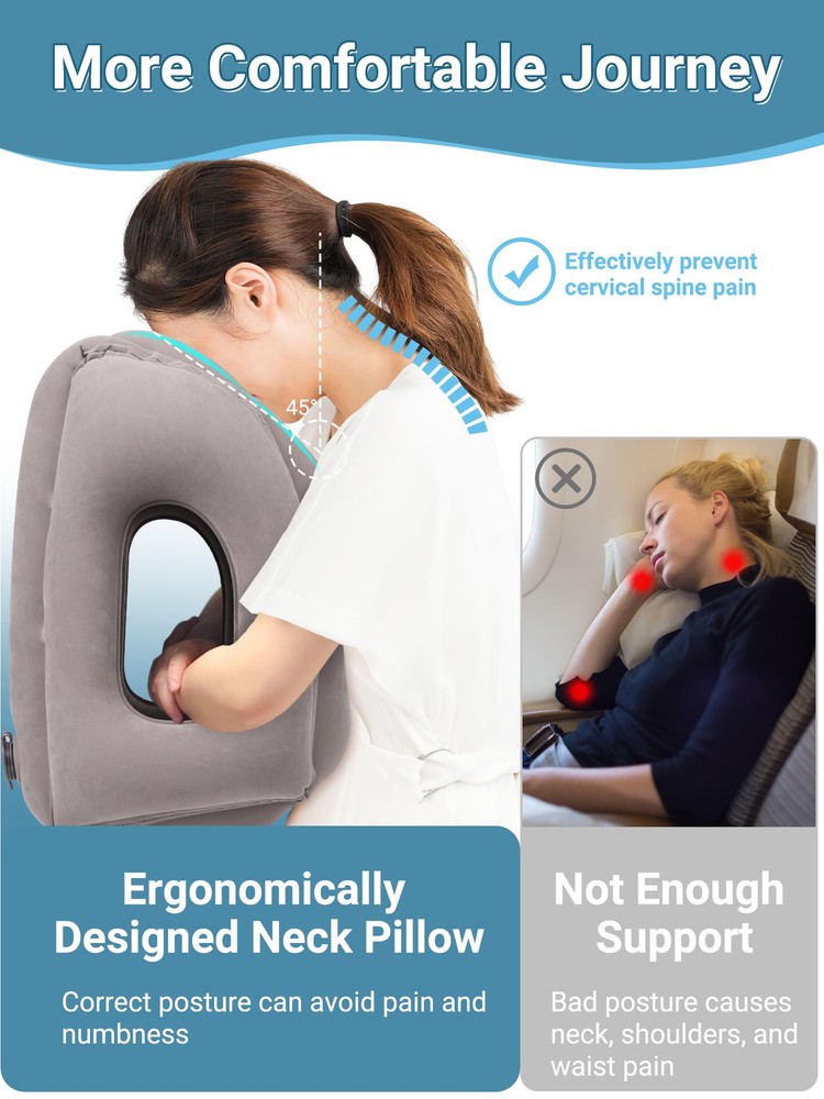 Inflatable Travel Pillow for Airplane Neck Support and Comfortable Sleep