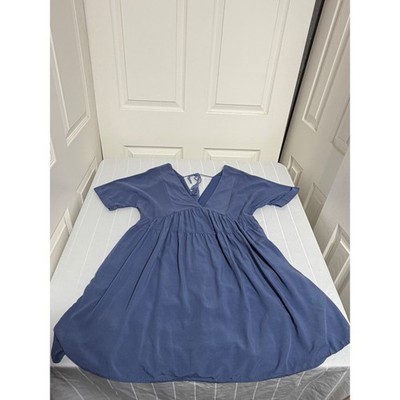 Boho Blue V-Neck Babydoll Mini Dress Short Sleeve Tassel Back Tie Small