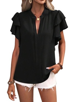 Damen Sommer Tops Rüschen Kurzarm V-Ausschnitt T-Shirts  Lockere Pass5511
