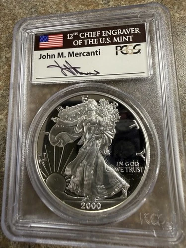 2000-P AMERICAN SILVER EAGLE PR70 DEEP CAMEO PCGS FLAG Mercanti Signed