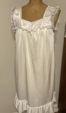 Vintage White Lavender Nylon Nightgown Lace Trim Large