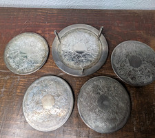 Vintage Leonard Silver Plated Set of 6 Etched Round Coasters & Caddy Holder