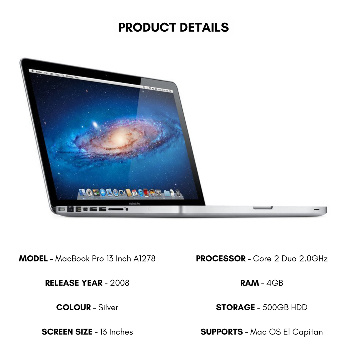 Apple MacBook Pro 13 Inch Laptop 2008 Core Duo 4GB Ram 500GB Hdd  A1278