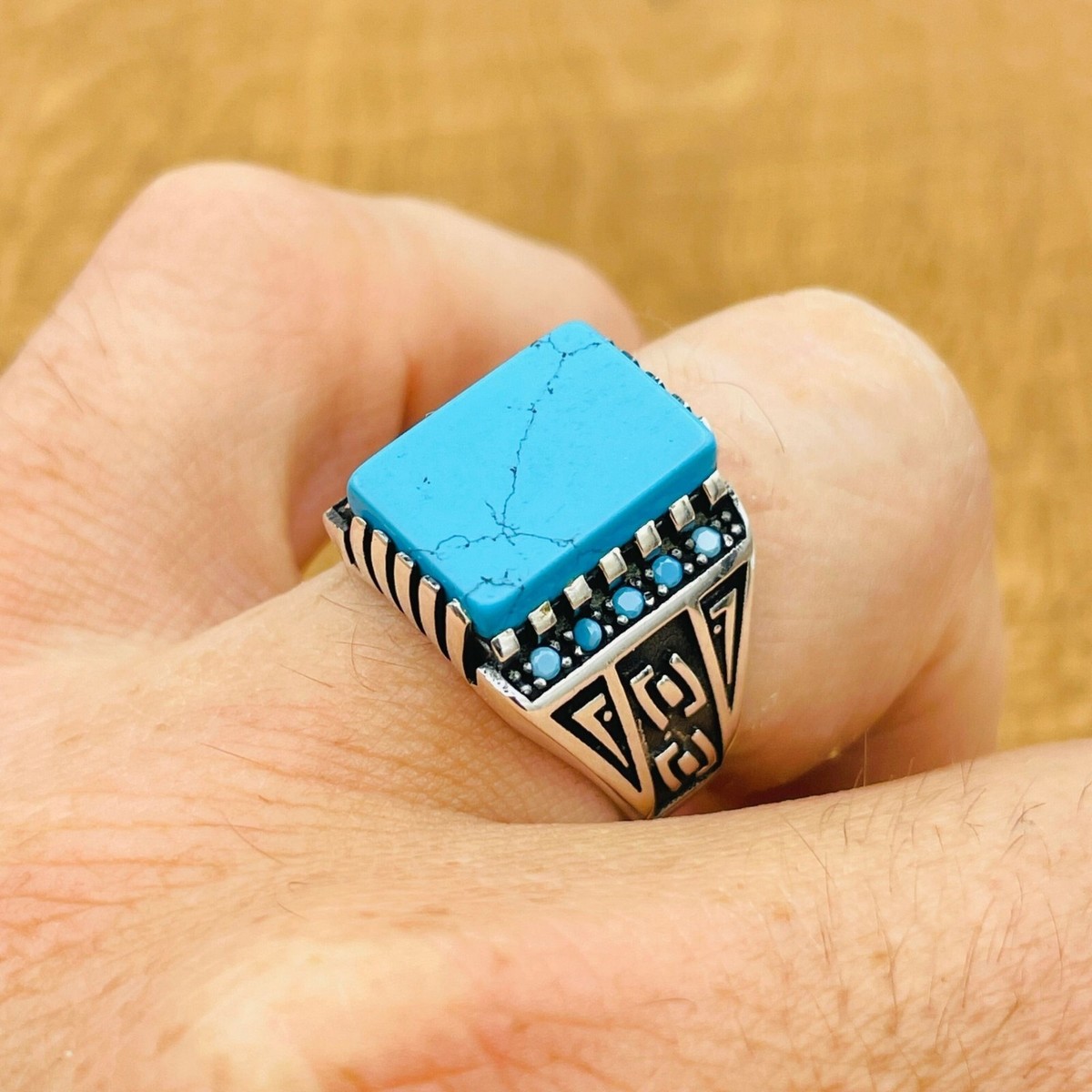★47bag ★ 925 Silver Antique Aqua Natural Stone Square Silv Navajo Silver Box with Turquoise - Four Winds Gallery