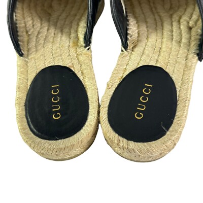 GUCCI 551881 Black Leather GG Marmont Espadrilles Mules Nappa