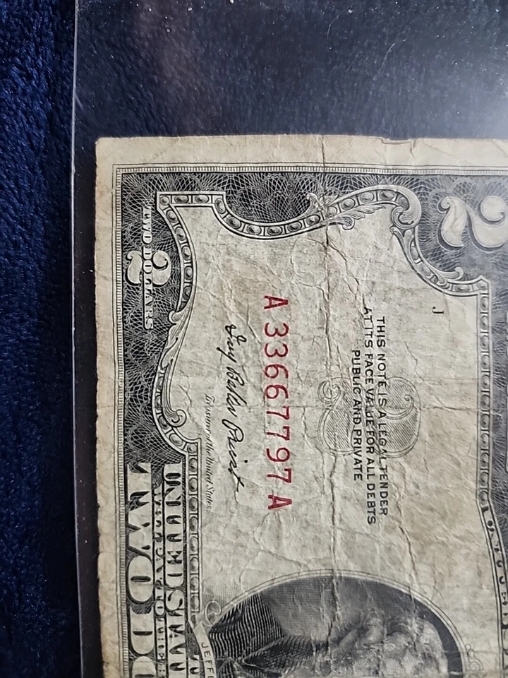 1953 2 Dollar Bill Red Seal Rare Serial Number (A 33667797 A) - Image 3 of 4