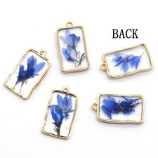 4PCS Gold Tone Real Dry Flower Resin Rectangle Charm Pendant Supply GBY201
