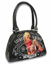 Women's Handbag "Stewed Screwed Tattooed" Bowler Pinup Girl Bag Retro Purse