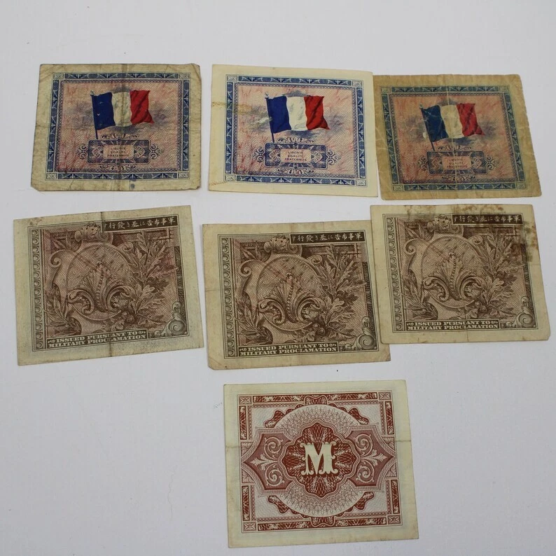 Group of 7 WWII Military Currency Notes - American, German, and French - Image 2 of 4