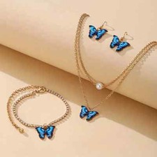 Blue Butterfly 4pc Pendant Necklace, Bracelet and Earrings Set