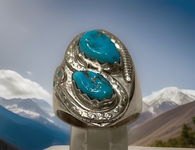 Vintage Zuni Sterling Silver Natural Turquoise Snake Ring Size 10.5 Signed 16g