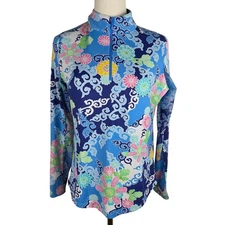 IBKUL Long Sleeve 1/4 Zip Shirt UPF 50 Size Small Floral Moisture-Wicking Blue