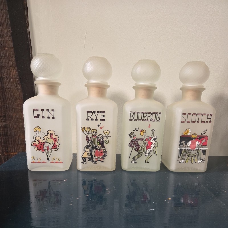 Vintage Gay Fad Milk Glass Decanter Set of 4 Scotch Bourbon Gin Rye Barware