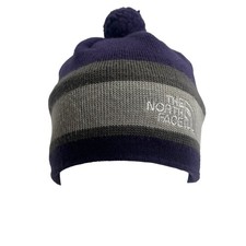 The North Face Purple Gray Striped Wool Pom Pom Beanie Embroidered Logo One Size