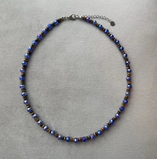 BLUE FACETED Crystal Glass & Rondelle TIGER’s Eye Beads Choker Necklace 17.5”