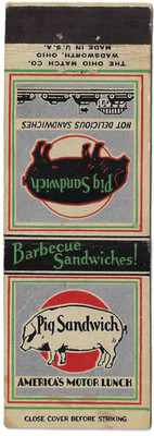 Vintage Matchbook Cover Pig Sandwich America's Motor Lunch Barbecue Sandwiches