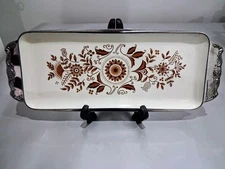 VINTAGE Snack Tray JAPAN Stainless Steel Floral White & Brown