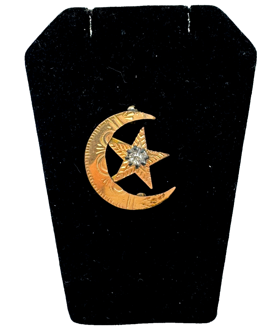 GOLD FILLED ANTIQUE GORGEOUS SYMBOLIC VICTORIAN BROOCH PASTE STAR MOON CRESCENT-image