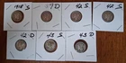 Lot of 7 Mercury Silver Dimes 1918S, 39D, 42S x 2, 42S, 42D, 43S & 1943D