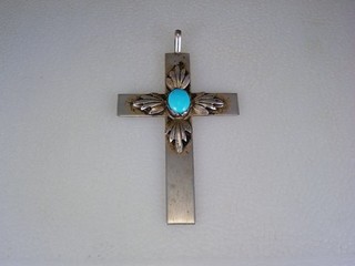 VINTAGE Richard Yazza NAVAJO STERLING SILVER & TURQUOISE CROSS PENDANT