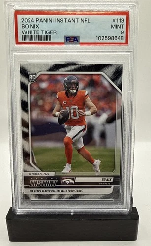 2025 Panini Instant NFL Bo Nix #113 White Tiger /5 (RC) Broncos PSA 9