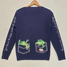 Vintage Cyn Les Shirlee Sweater Womens Size L Blue Retro 1970s Embroidered Frogs