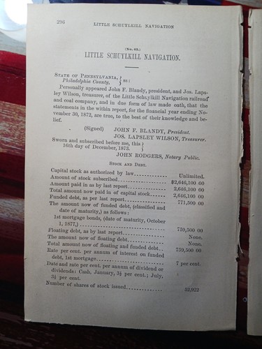 1872 train report LITTLE SCHUYLKILL NAVIGATION RAILROAD Catawissa Port ClintonPA