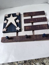 Folk Art Wooden Wood American Flag Primitive Decor With Hanging Pegs 13  By 10  