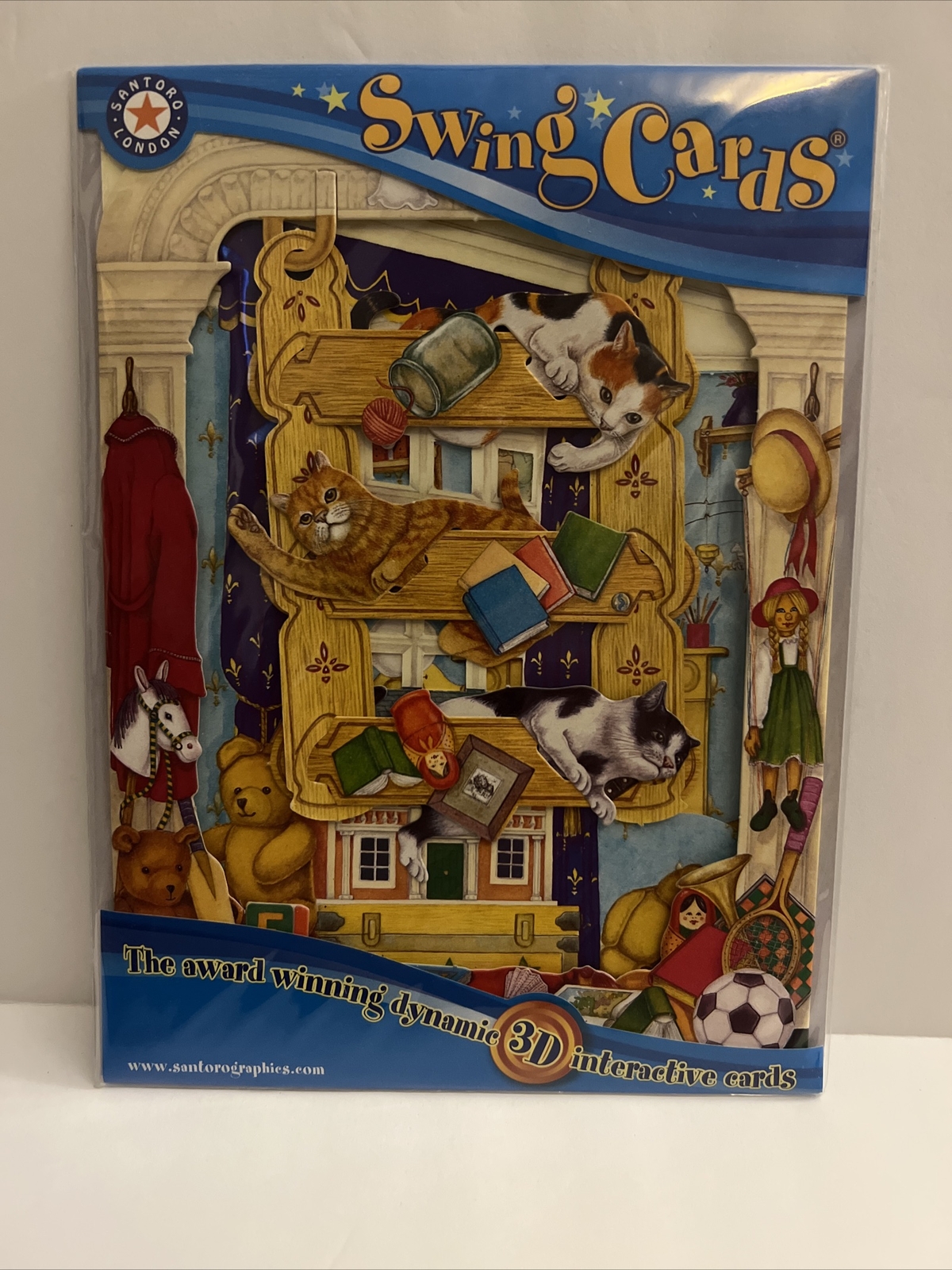 Vtg Santoro Graphics Cats on Bookcase 3D Swing Card Greeting Card SC05