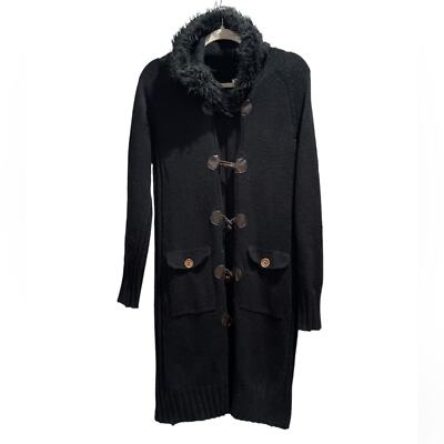 CHERRY KNIT Black Fur Trimmed Collar Long Knit Cardigan