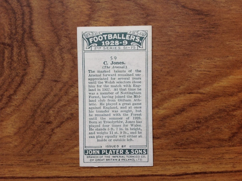 C Jones Arsenal : Players Footballers 1928-9 #59 Cond VG. Free UK Postage - Image 2 of 3